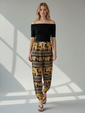 Black Gold Balloon Pants Flowy Draped Harem Joggers Elephant Print Size XS/S